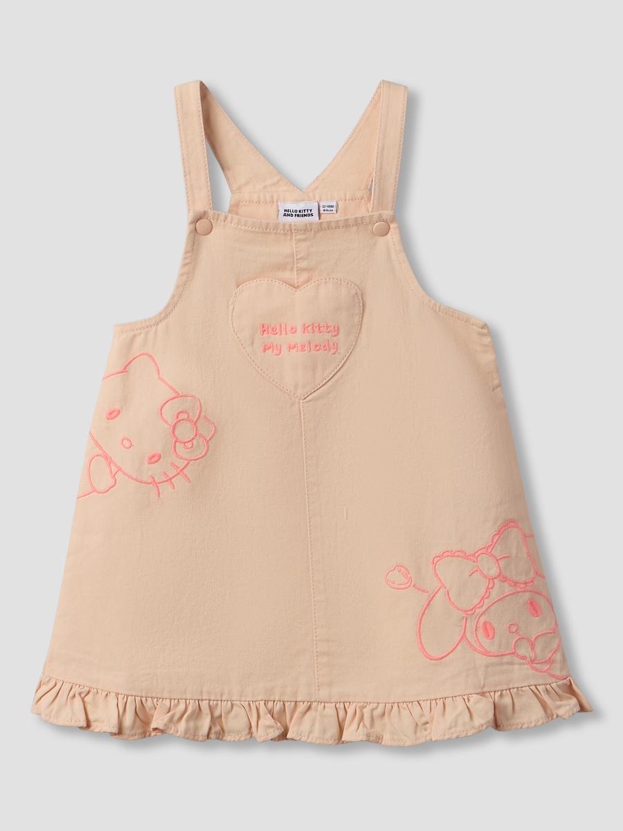 Crew Neck Short Sleeves T-Shirt and Dungaree Set with Hello Kitty and Friends Embroidery