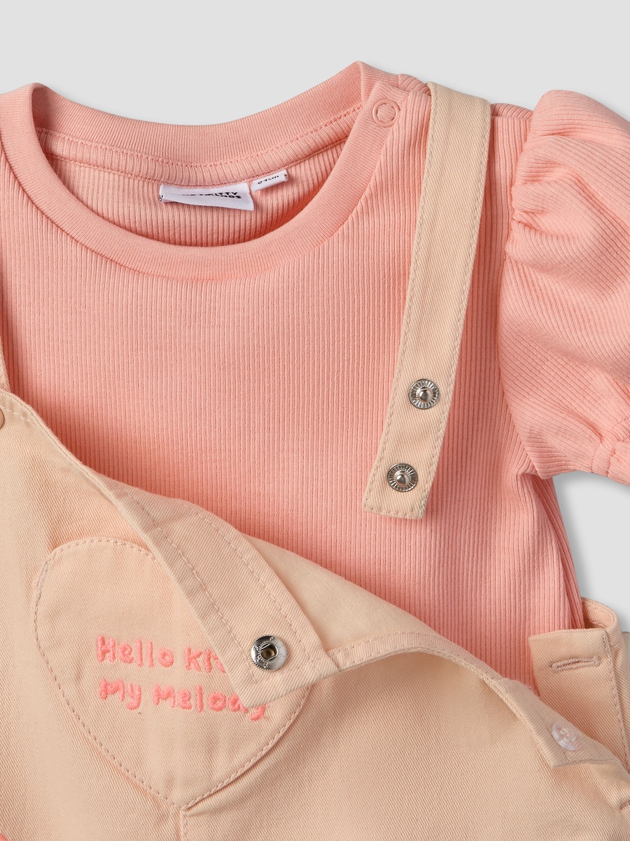 Crew Neck Short Sleeves T-Shirt and Dungaree Set with Hello Kitty and Friends Embroidery