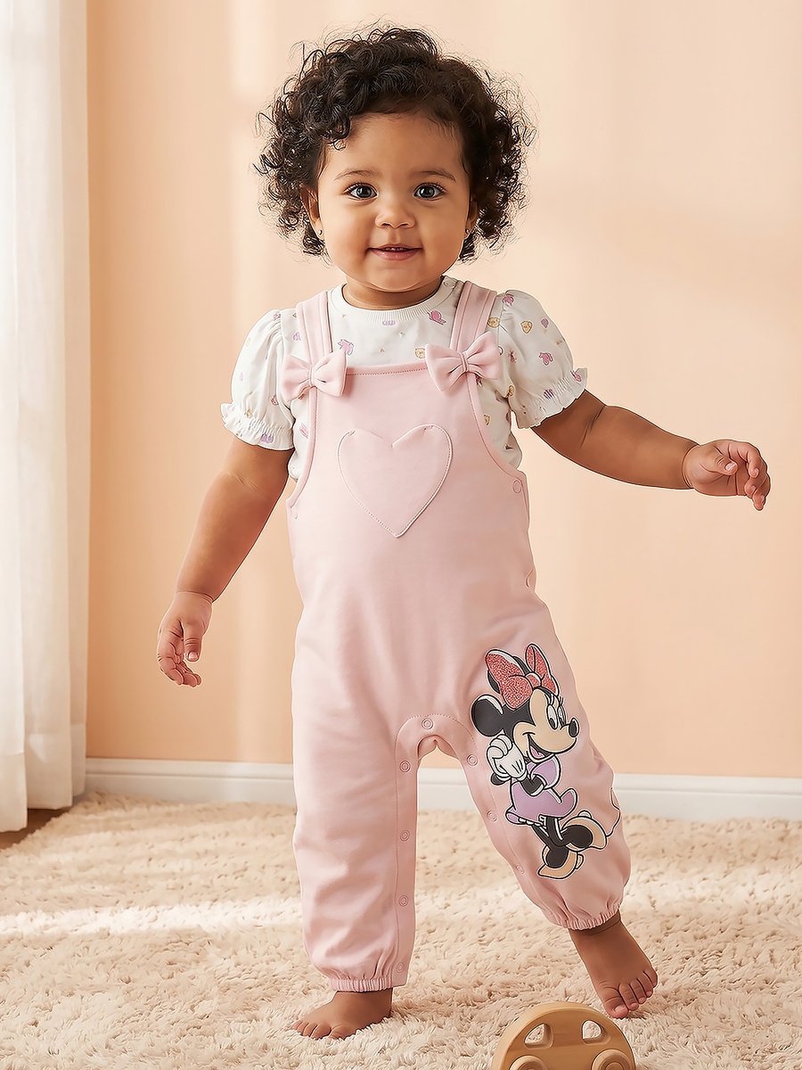 Round Neck Short Sleeves T-Shirt and Dungaree Set with Minnie Mouse Print