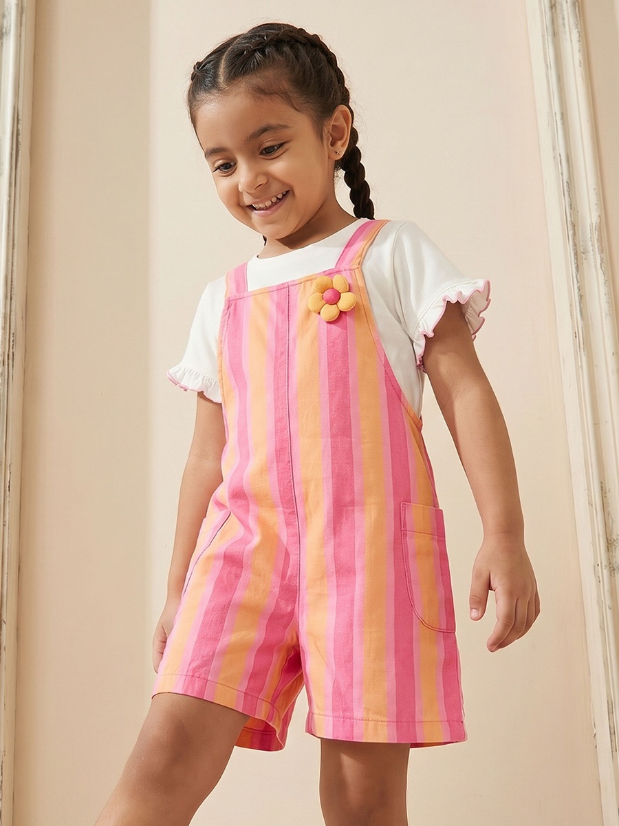 Crew Neck Short Sleeves T-Shirt and Dungaree Set with Stripes