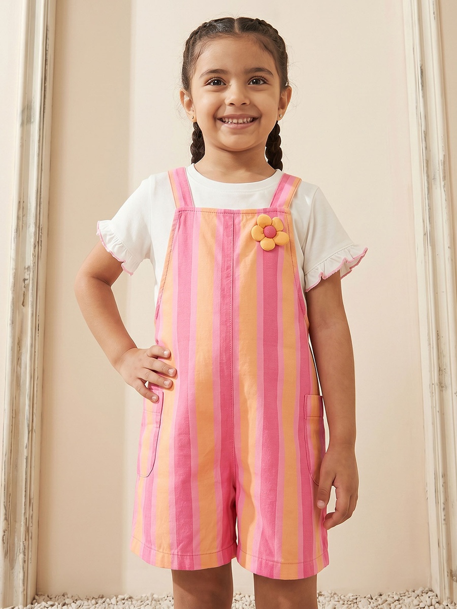 Crew Neck Short Sleeves T-Shirt and Dungaree Set with Stripes