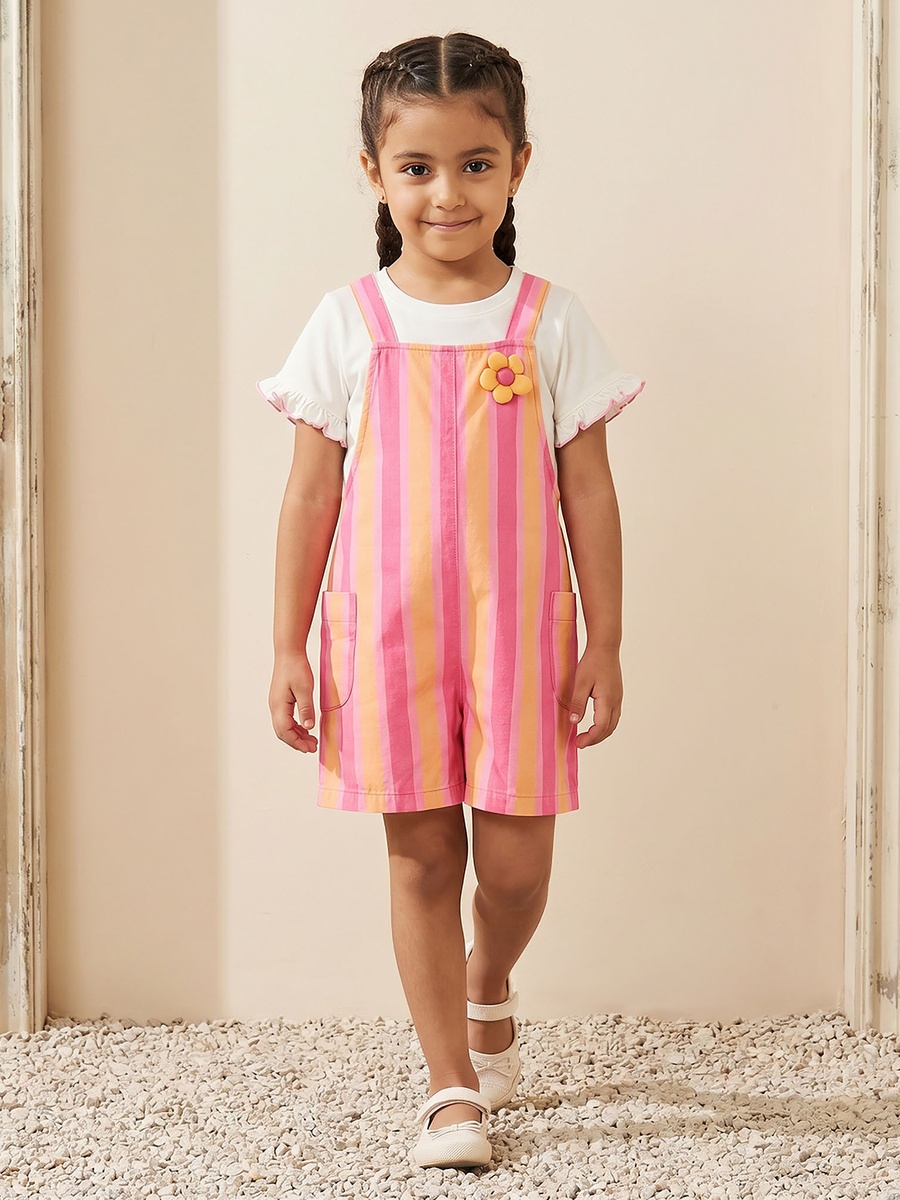Crew Neck Short Sleeves T-Shirt and Dungaree Set with Stripes