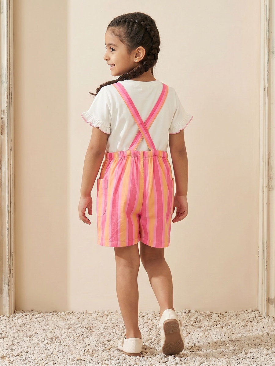 Crew Neck Short Sleeves T-Shirt and Dungaree Set with Stripes