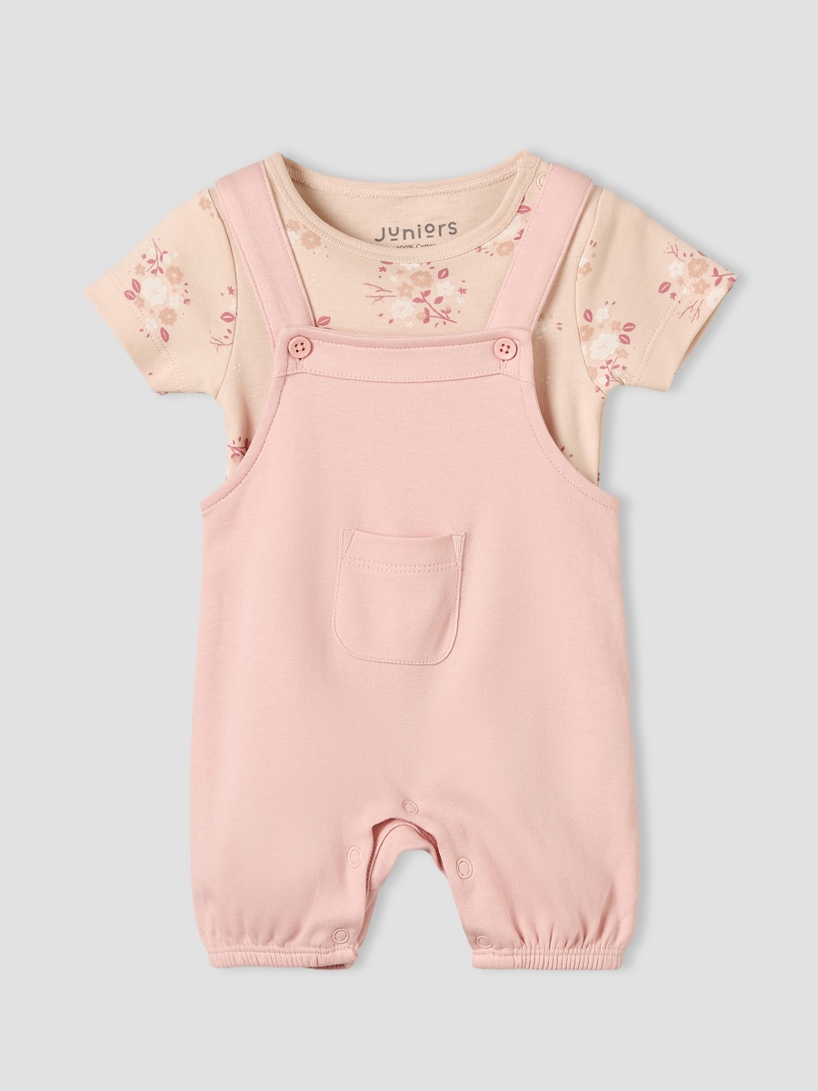 Round Neck Short Sleeves T-Shirt and Dungaree Set with Floral Print