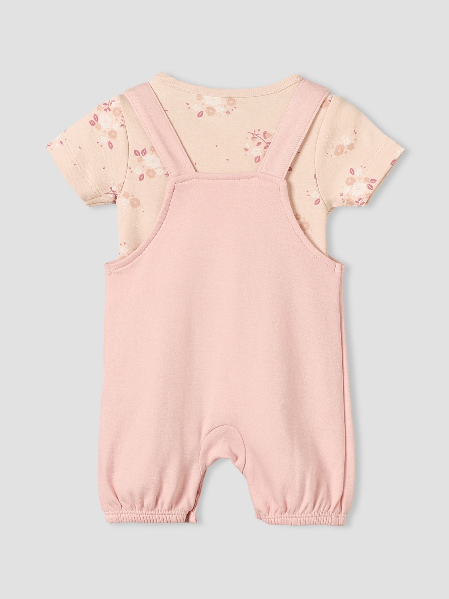 Round Neck Short Sleeves T-Shirt and Dungaree Set with Floral Print