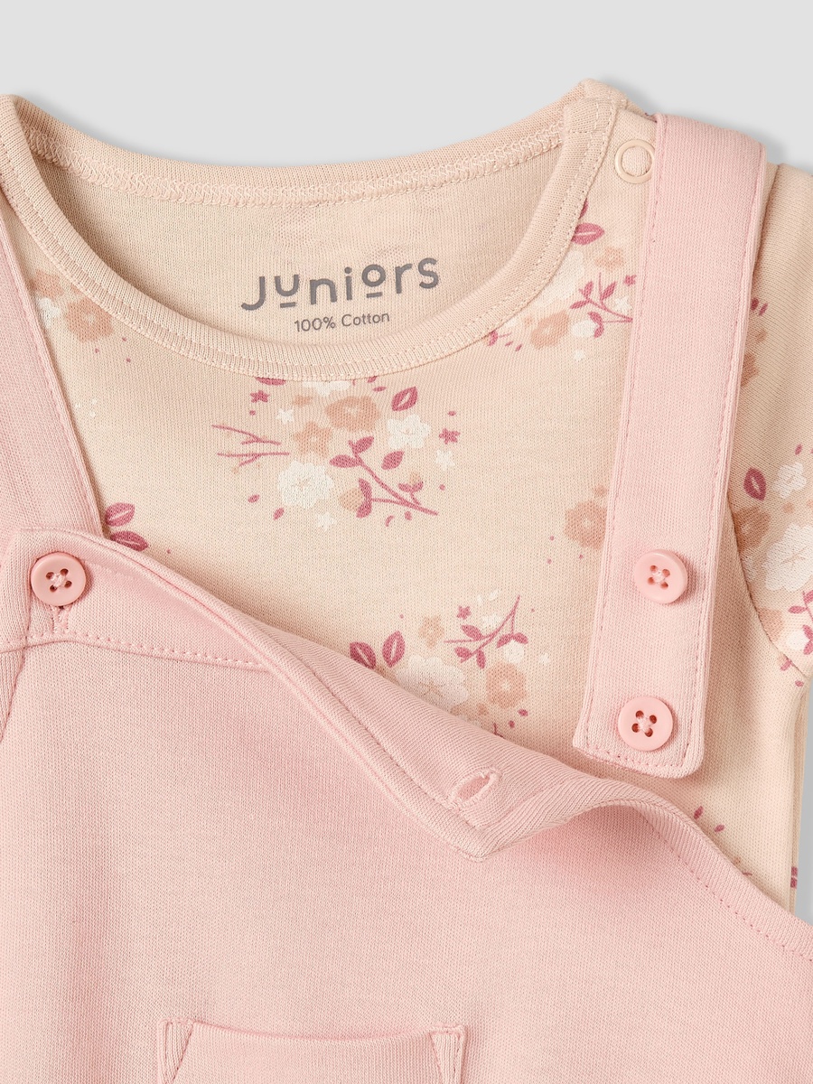 Round Neck Short Sleeves T-Shirt and Dungaree Set with Floral Print