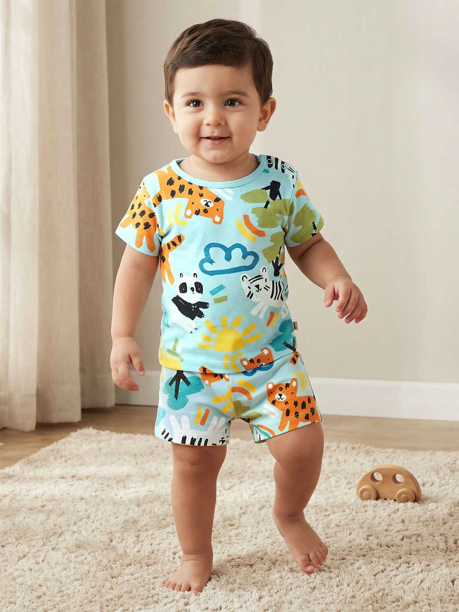 Cotton Round Neck Short Sleeves T-Shirt and Shorts Set with Safari Print