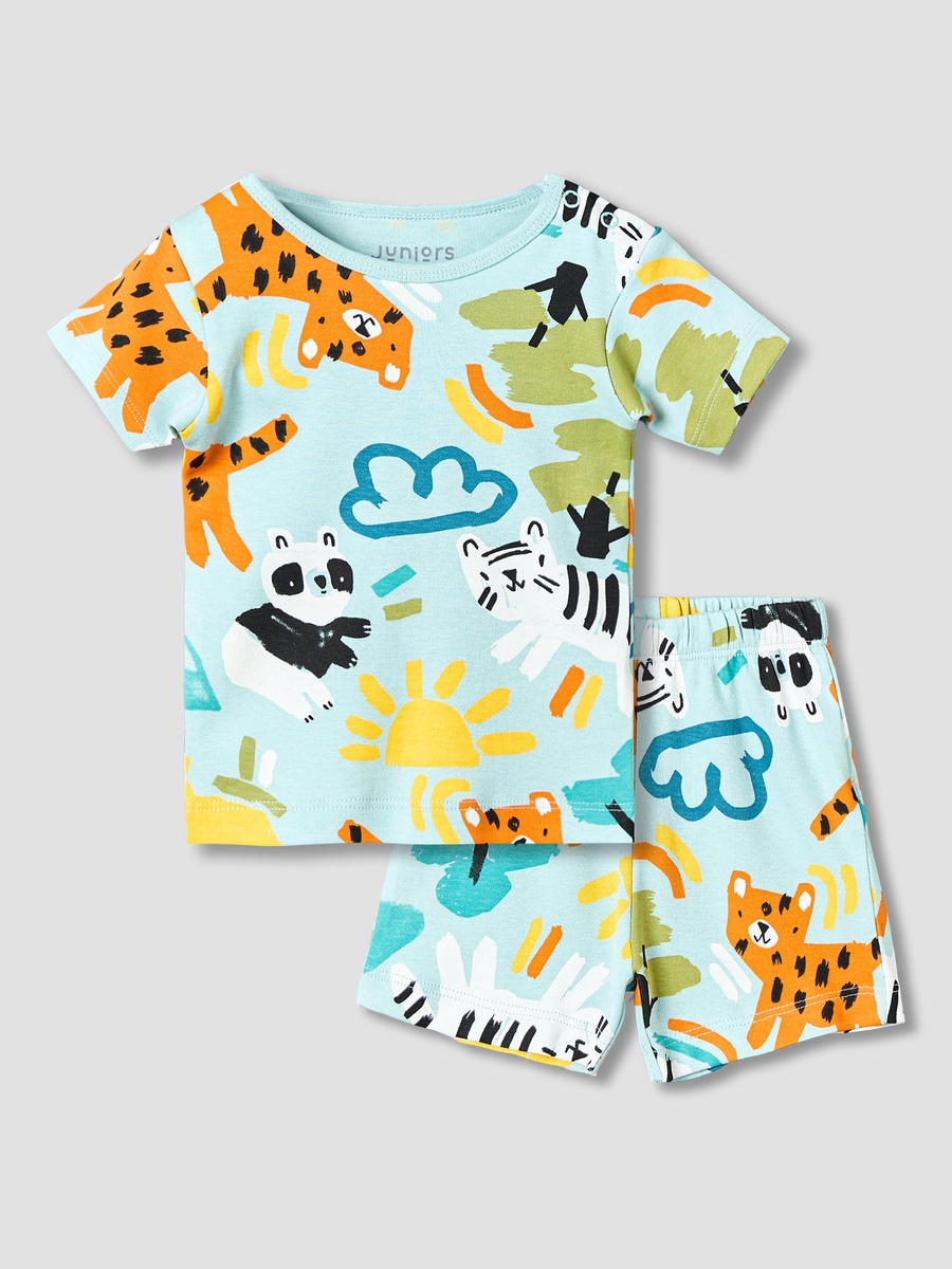 Cotton Round Neck Short Sleeves T-Shirt and Shorts Set with Safari Print