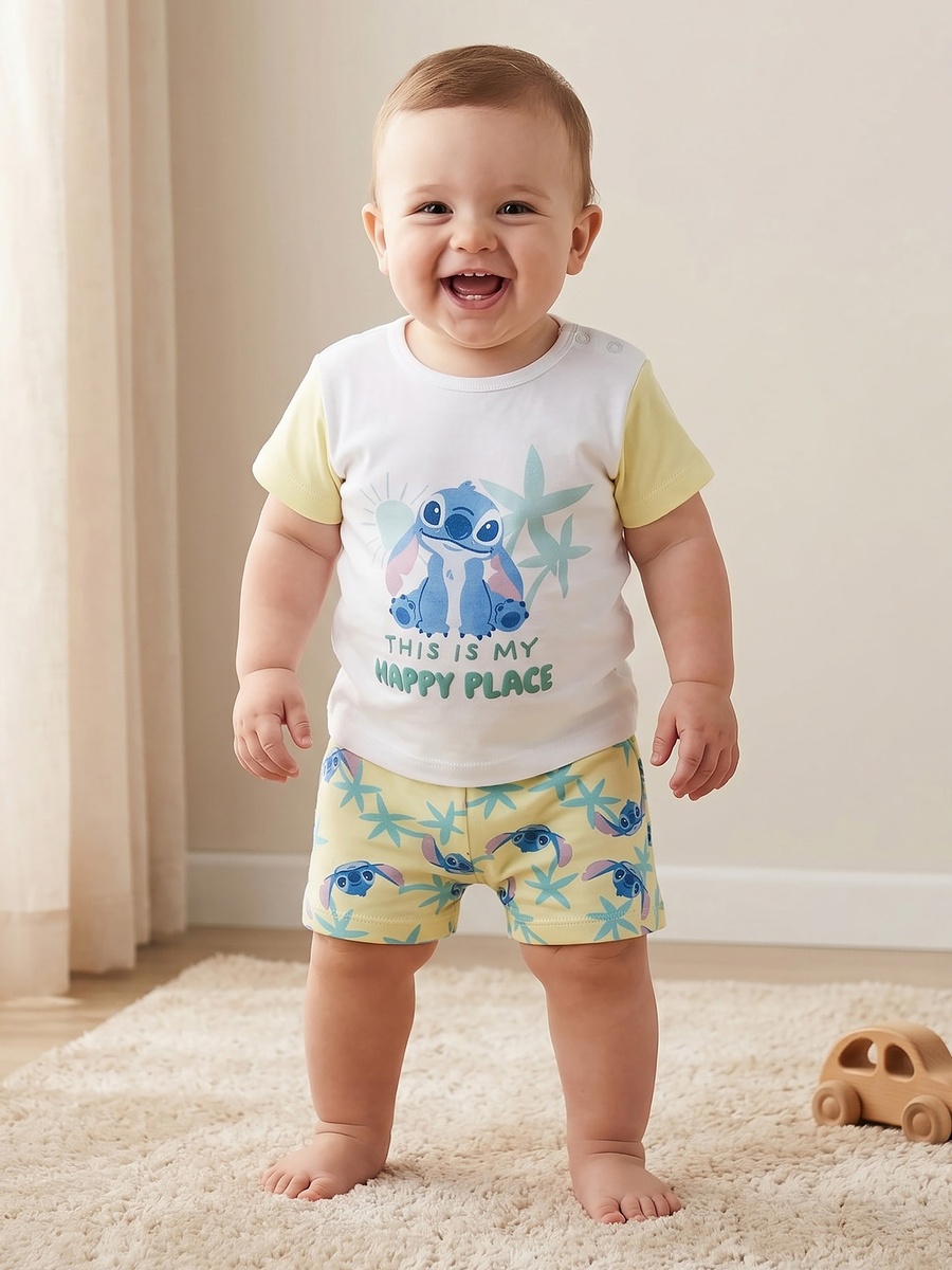 Round Neck Short Sleeves T-Shirt and Shorts Set with Stitch Print