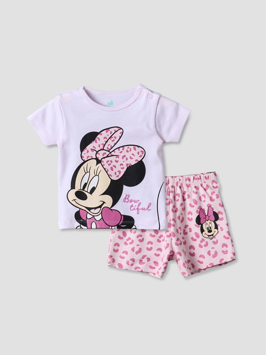 Crew Neck Short Sleeve T-Shirt and Shorts Set with Minnie Mouse Print