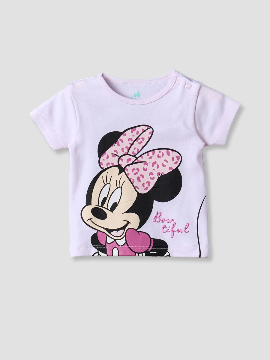 Crew Neck Short Sleeve T-Shirt and Shorts Set with Minnie Mouse Print