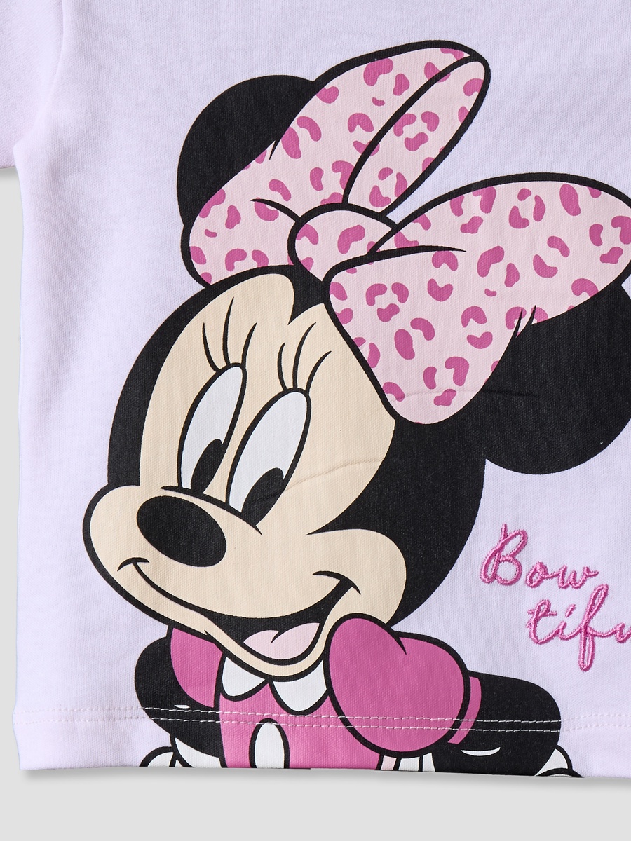 Crew Neck Short Sleeve T-Shirt and Shorts Set with Minnie Mouse Print