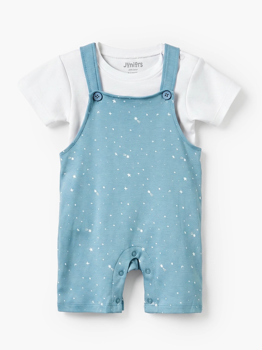 Crew Neck Short Sleeves T-Shirt and Dungaree Set with Star Print