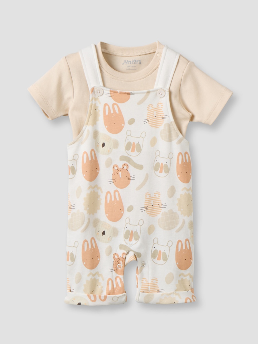Crew Neck Short Sleeves T-Shirt and Dungaree Set with Snap Button Closure