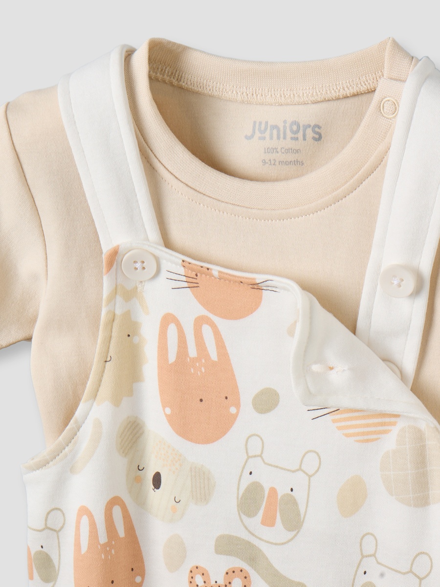 Crew Neck Short Sleeves T-Shirt and Dungaree Set with Snap Button Closure