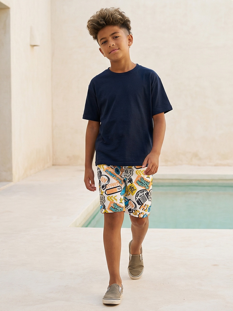 Knee Length Drawstring Waist Shorts with Graphic Print