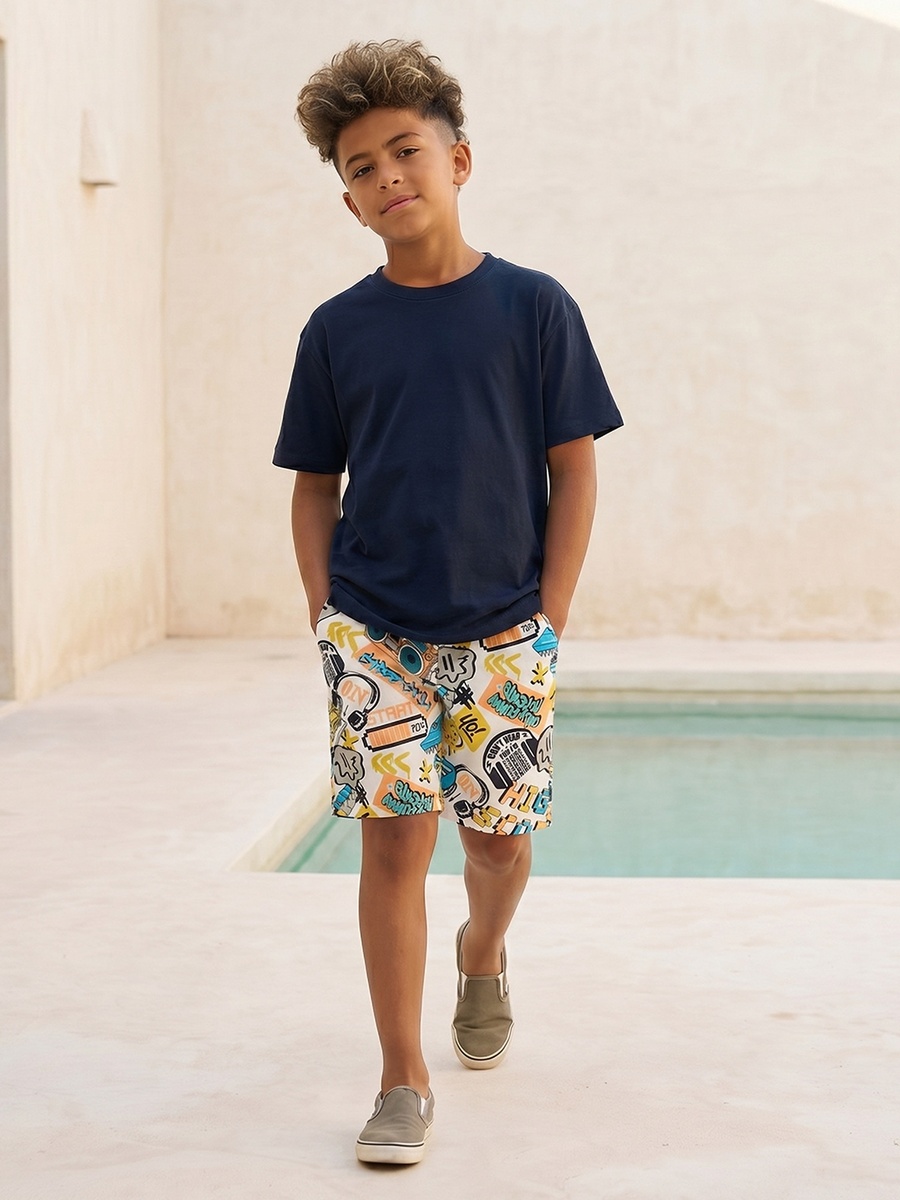 Knee Length Drawstring Waist Shorts with Graphic Print