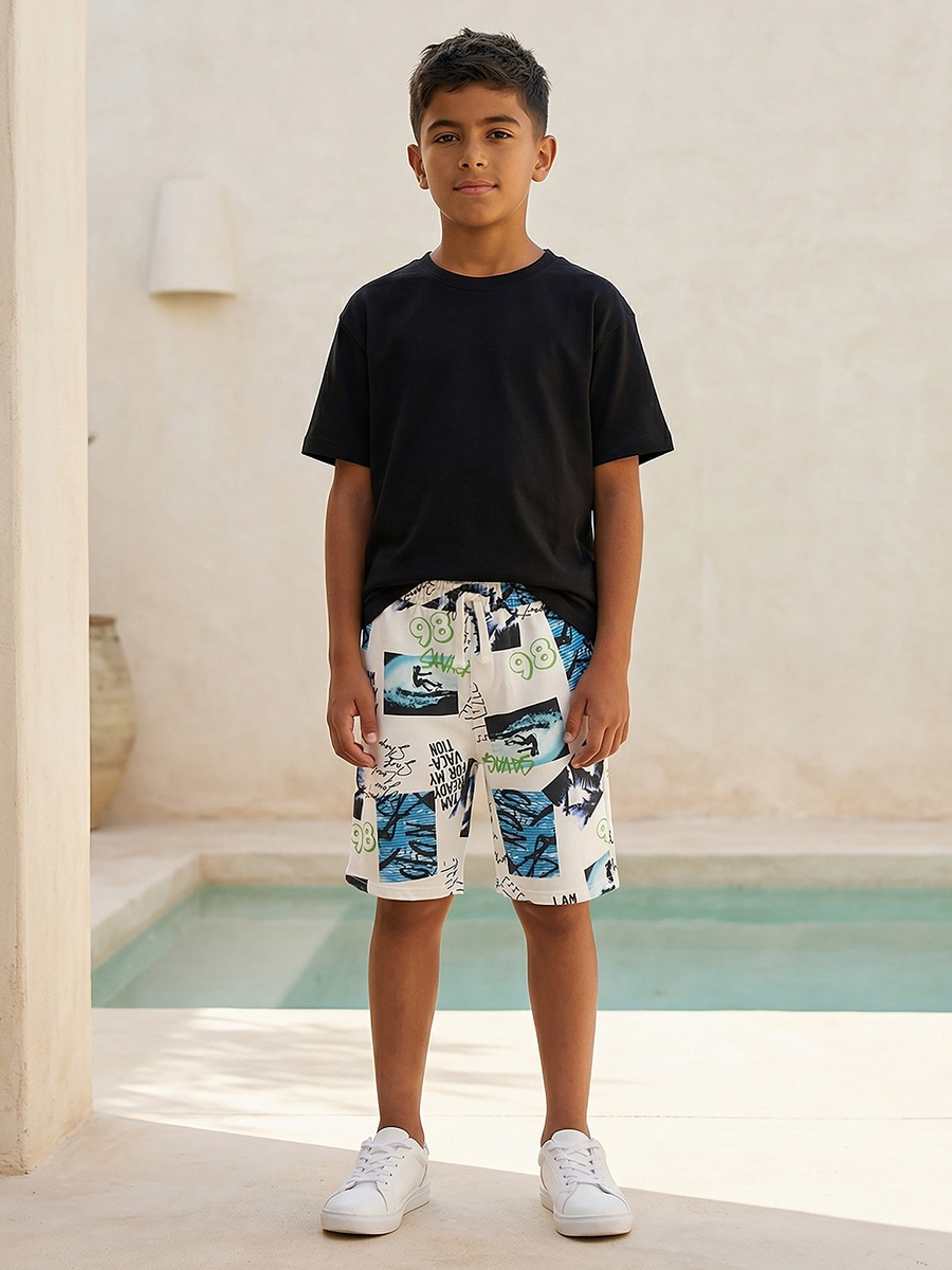 Knee Length Drawstring Waist Shorts with Graphic Print