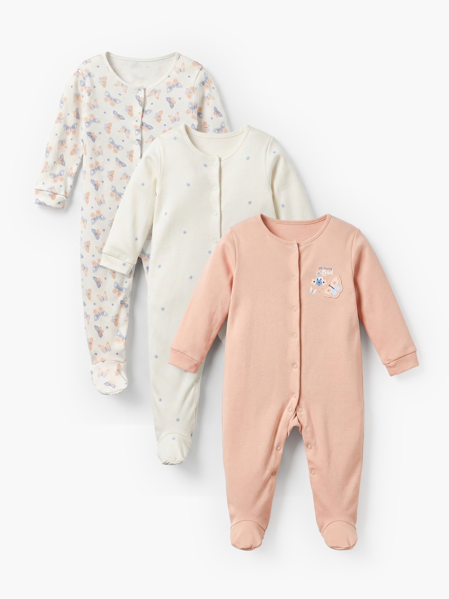 Pack of 3 Cotton Crew Neck Long Sleeves Sleepsuit with Assorted Print