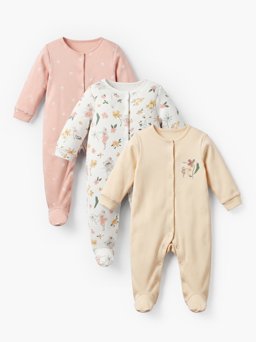 Pack of 3 Cotton Crew Neck Long Sleeves Sleepsuit with Floral Print