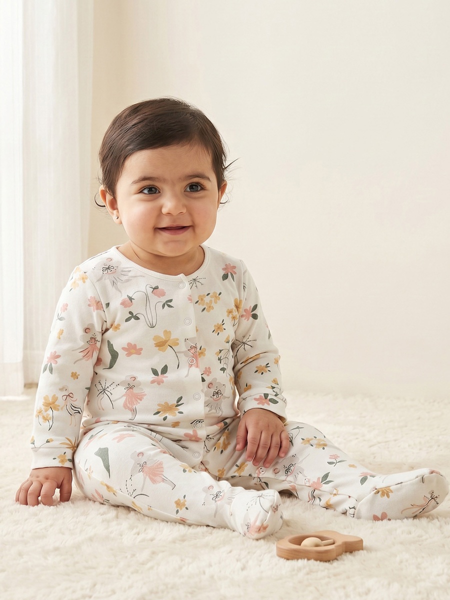 Pack of 3 Cotton Crew Neck Long Sleeves Sleepsuit with Floral Print