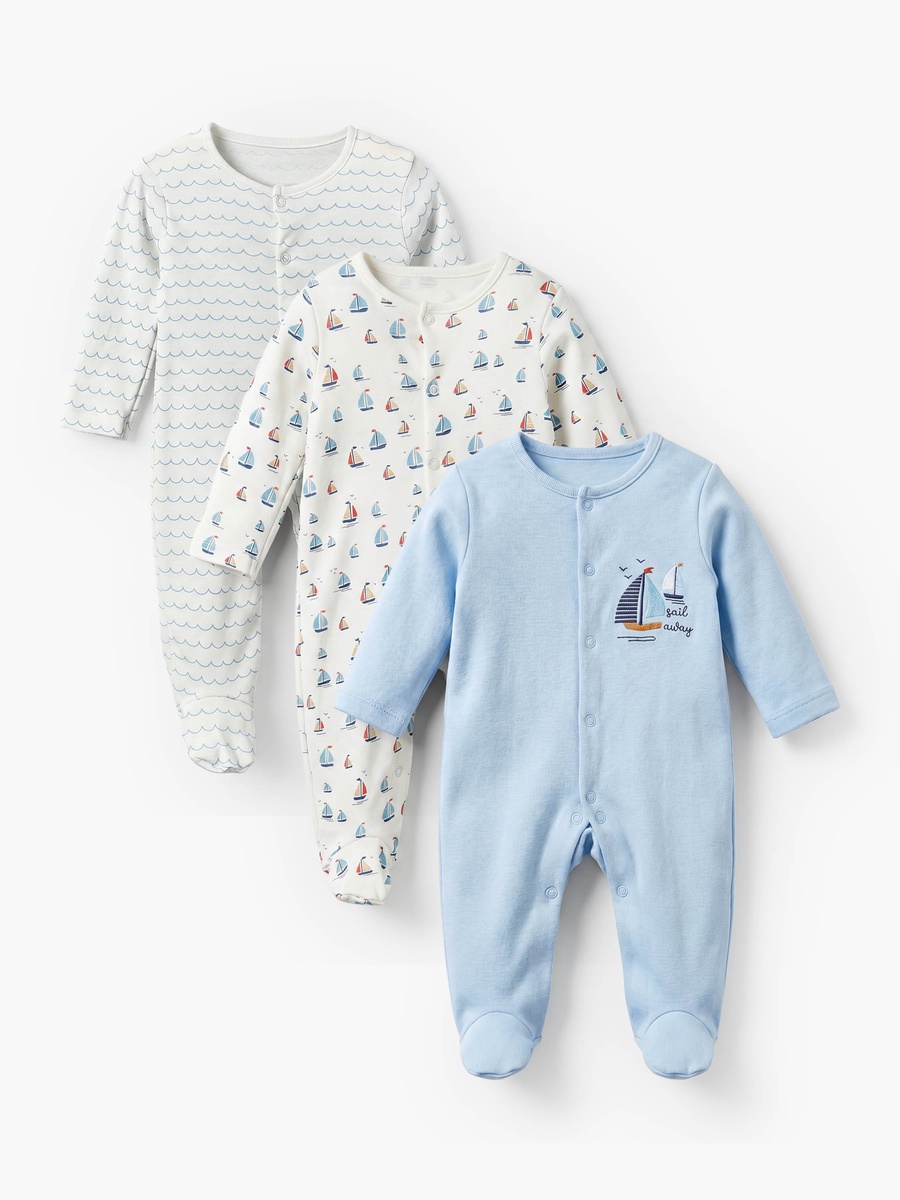 Pack of 3 Cotton Crew Neck Long Sleeves Sleepsuit with Nautical Print