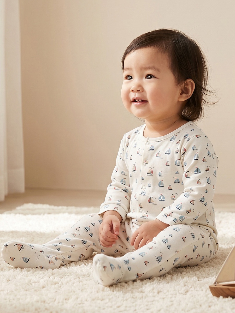 Pack of 3 Cotton Crew Neck Long Sleeves Sleepsuit with Nautical Print