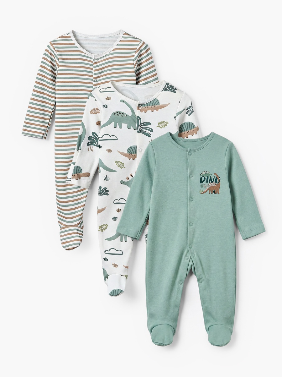Pack of 3 Cotton Crew Neck Long Sleeves Sleepsuit with Dinosaur Print