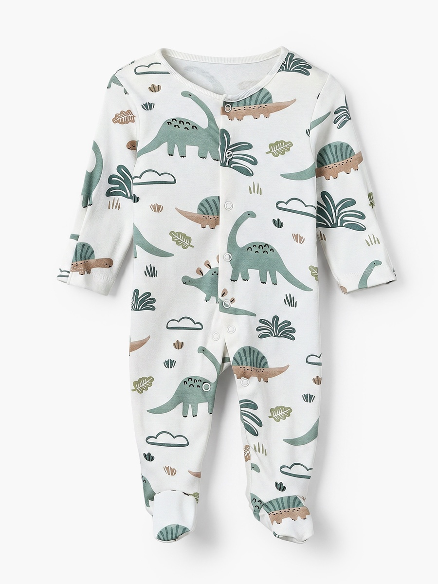 Pack of 3 Cotton Crew Neck Long Sleeves Sleepsuit with Dinosaur Print