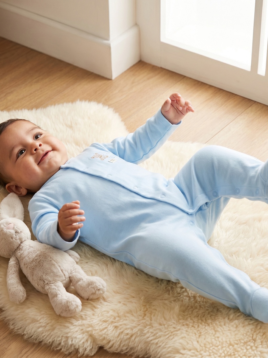 Cotton Round Neck Long Sleeves Sleepsuit with Snap Button Closure