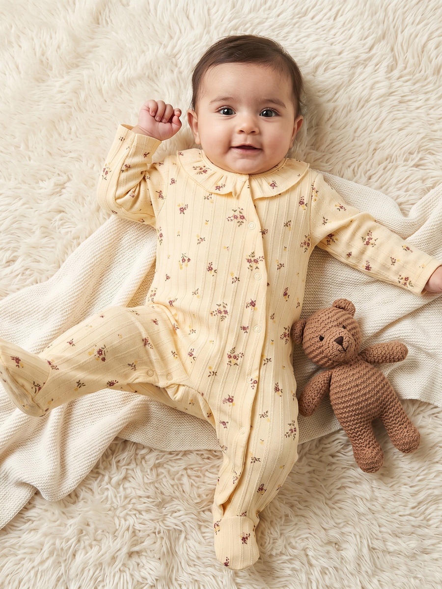 Cotton Round Neck Long Sleeves Sleepsuit with Floral Print
