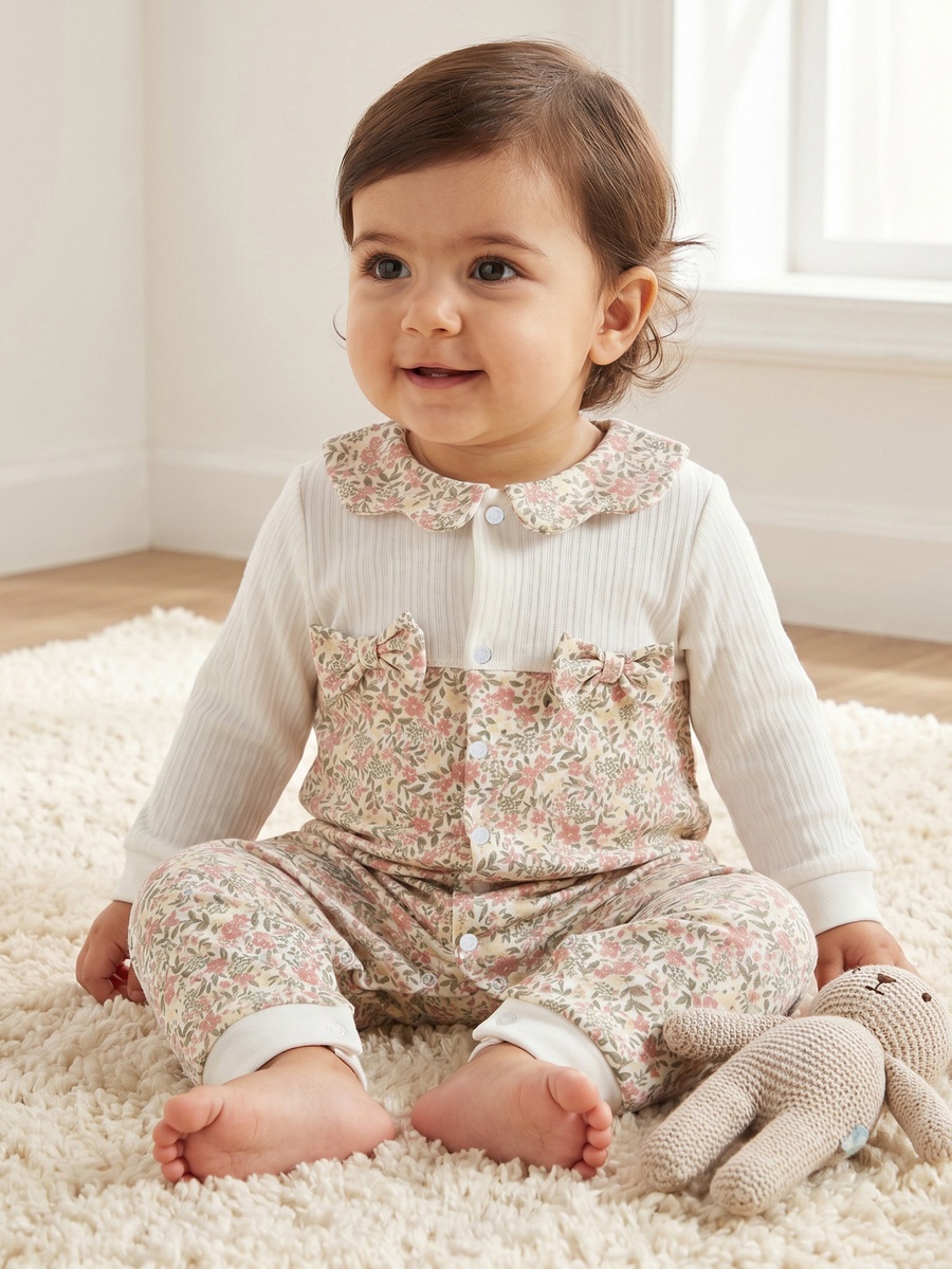 Cotton Collared Long Sleeves Sleepsuit with Floral Print