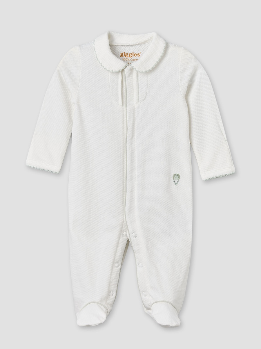 Cotton Collared Long Sleeves Sleepsuit with Textured Design