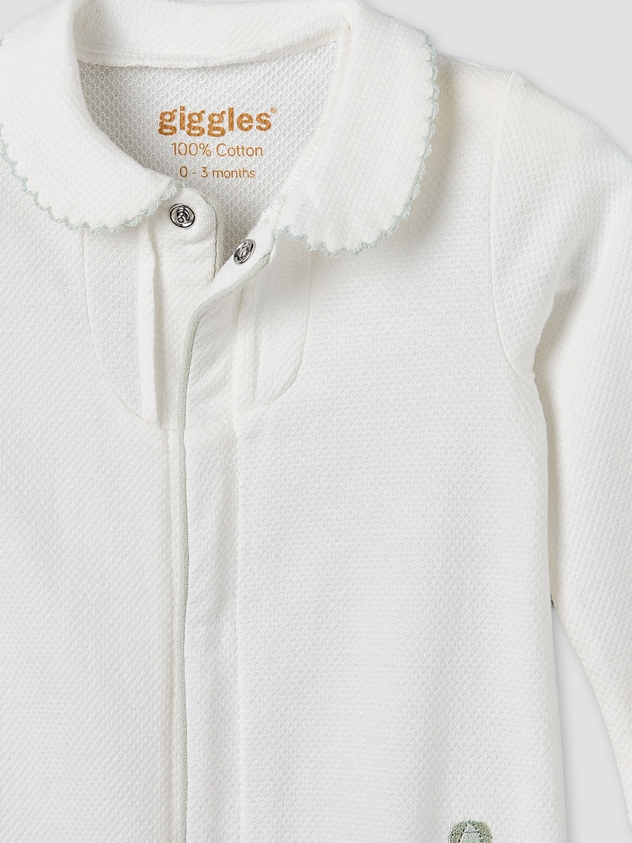 Cotton Collared Long Sleeves Sleepsuit with Textured Design