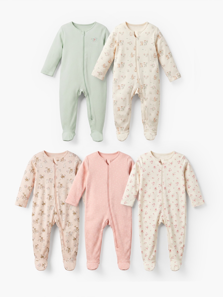 Pack of 5 Cotton Round Neck Long Sleeves Sleepsuit with Assorted Print