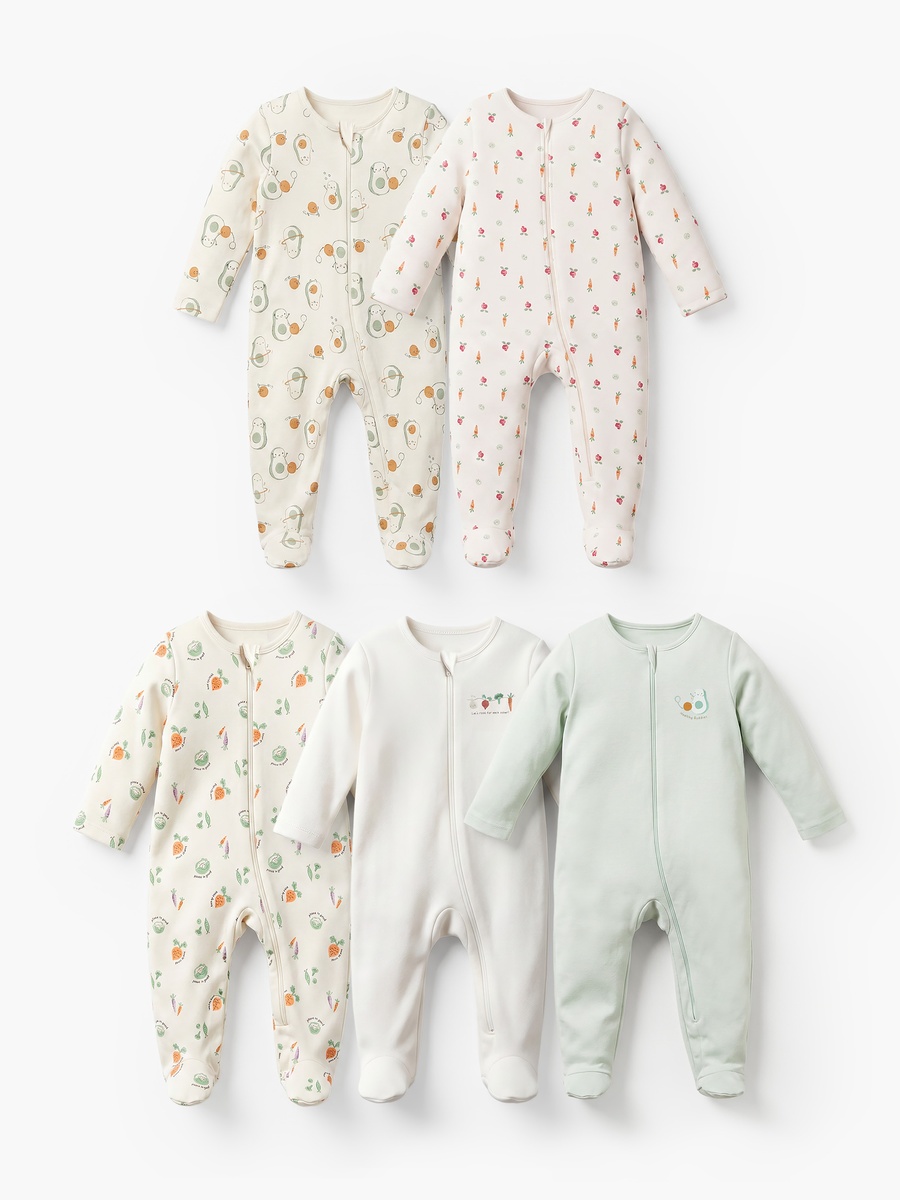 Pack of 5 Cotton Round Neck Long Sleeves Sleepsuit with Assorted Print