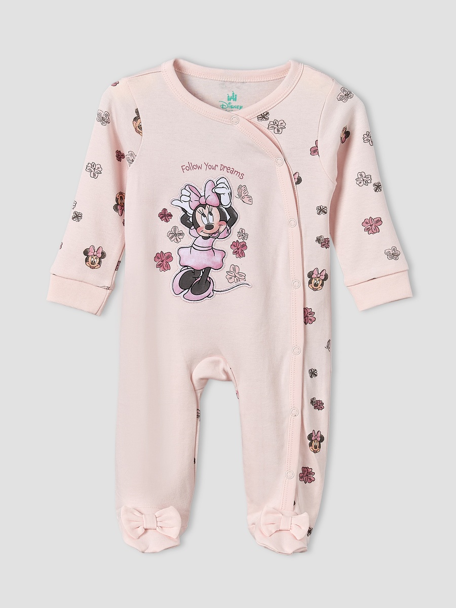 Cotton Crew Neck Long Sleeves Sleepsuit with Minnie Mouse Applique