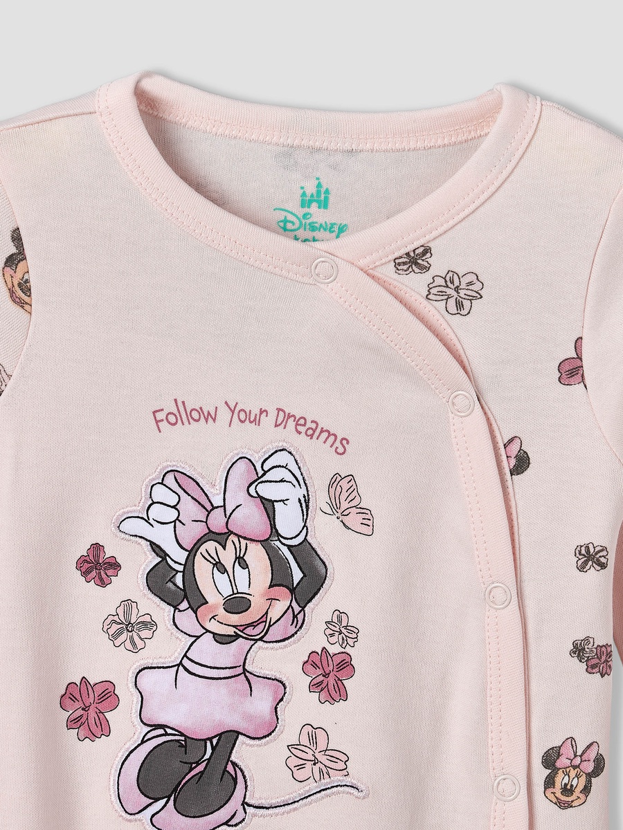 Cotton Crew Neck Long Sleeves Sleepsuit with Minnie Mouse Applique