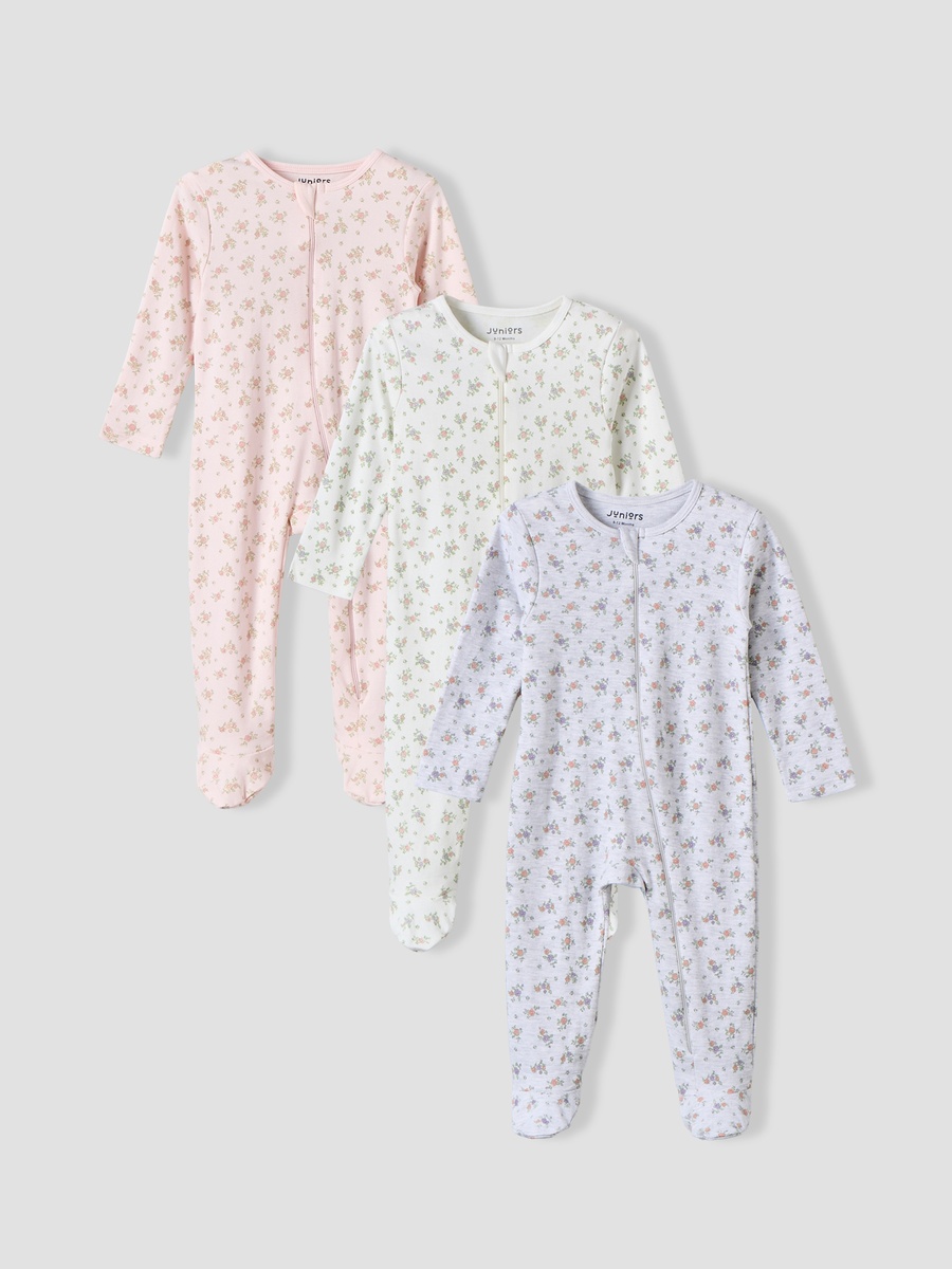 Pack of 3 Cotton Crew Neck Long Sleeves Sleepsuit with Zip Closure
