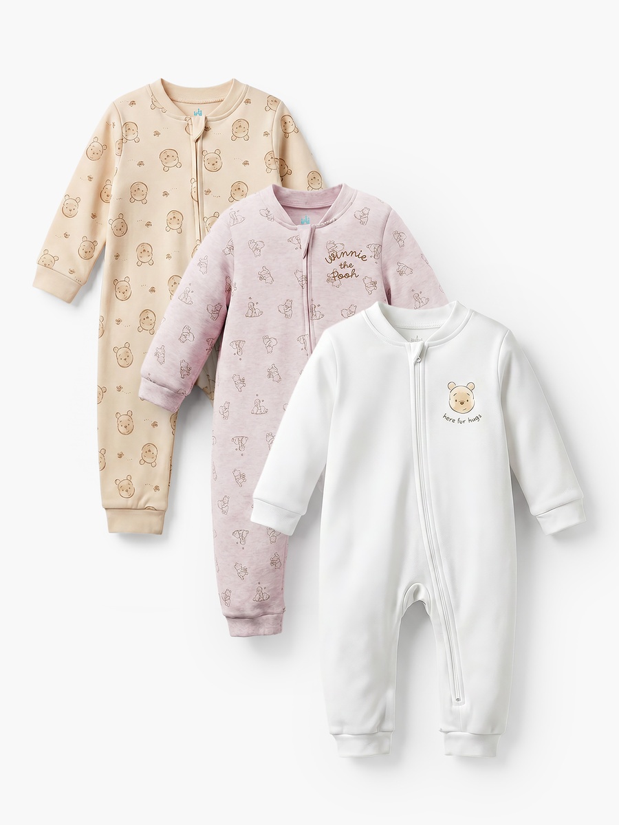 Pack of 3 Cotton Mandarin Collar Long Sleeves Sleepsuit with Winnie the Pooh Print