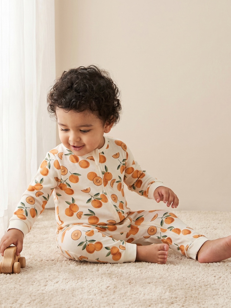 Cotton Crew Neck Long Sleeves Sleepsuit with Orange Print