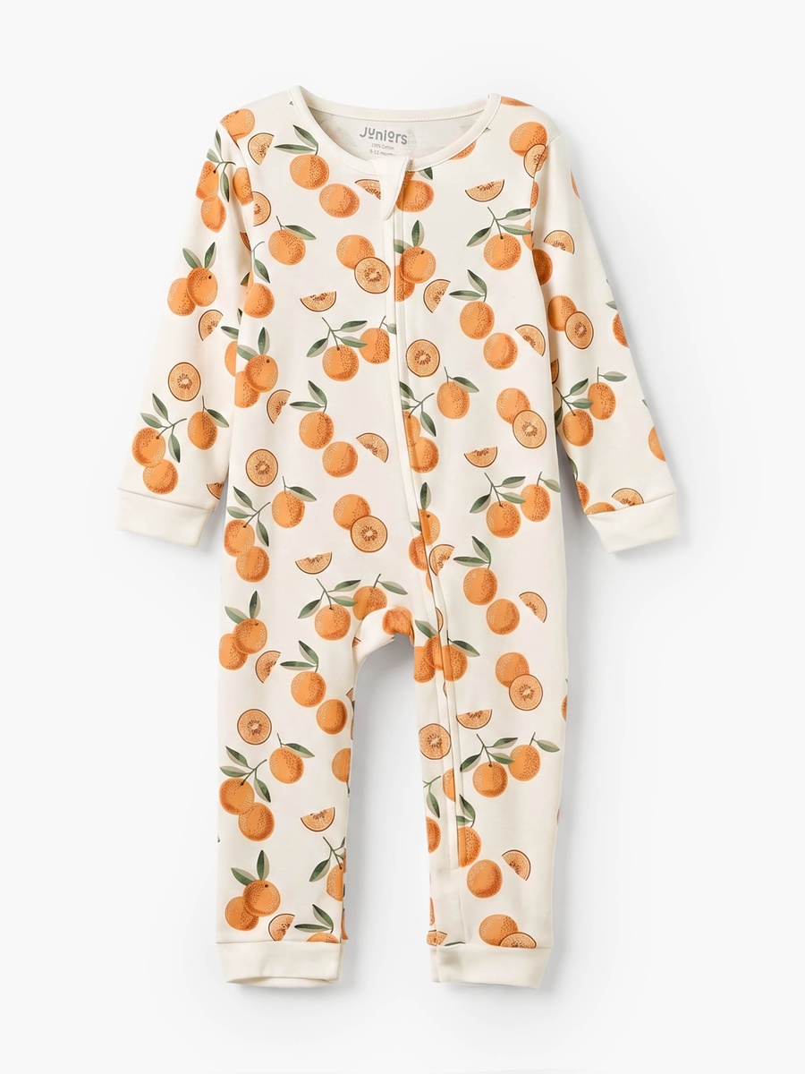 Cotton Crew Neck Long Sleeves Sleepsuit with Orange Print