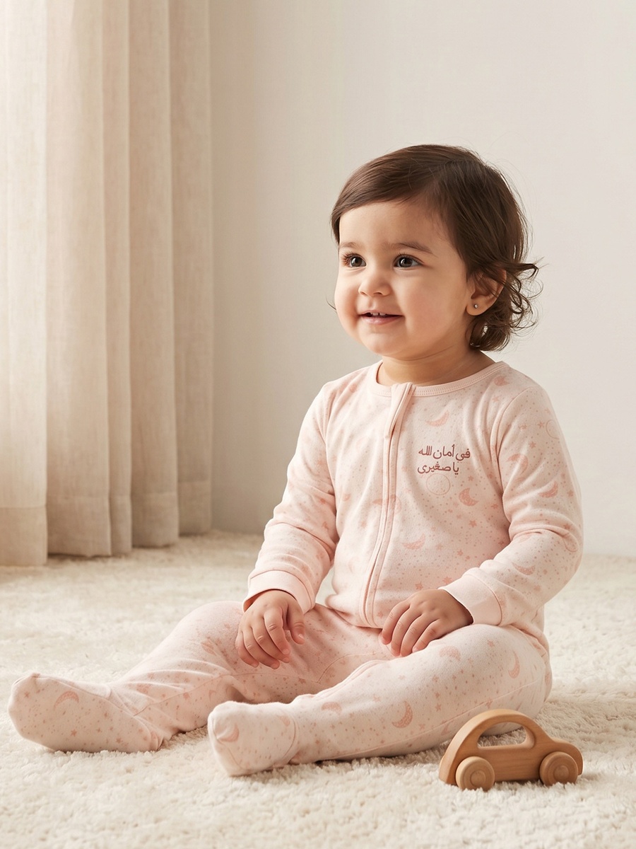 Cotton Round Neck Long Sleeves Sleepsuit with Zip Closure