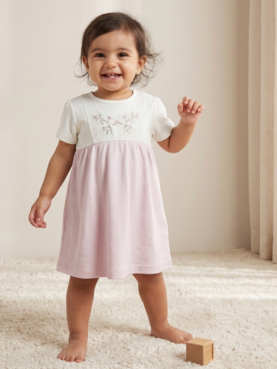 Round Neck Short Sleeves Knee Length A-Line Dress with Floral Embroidery