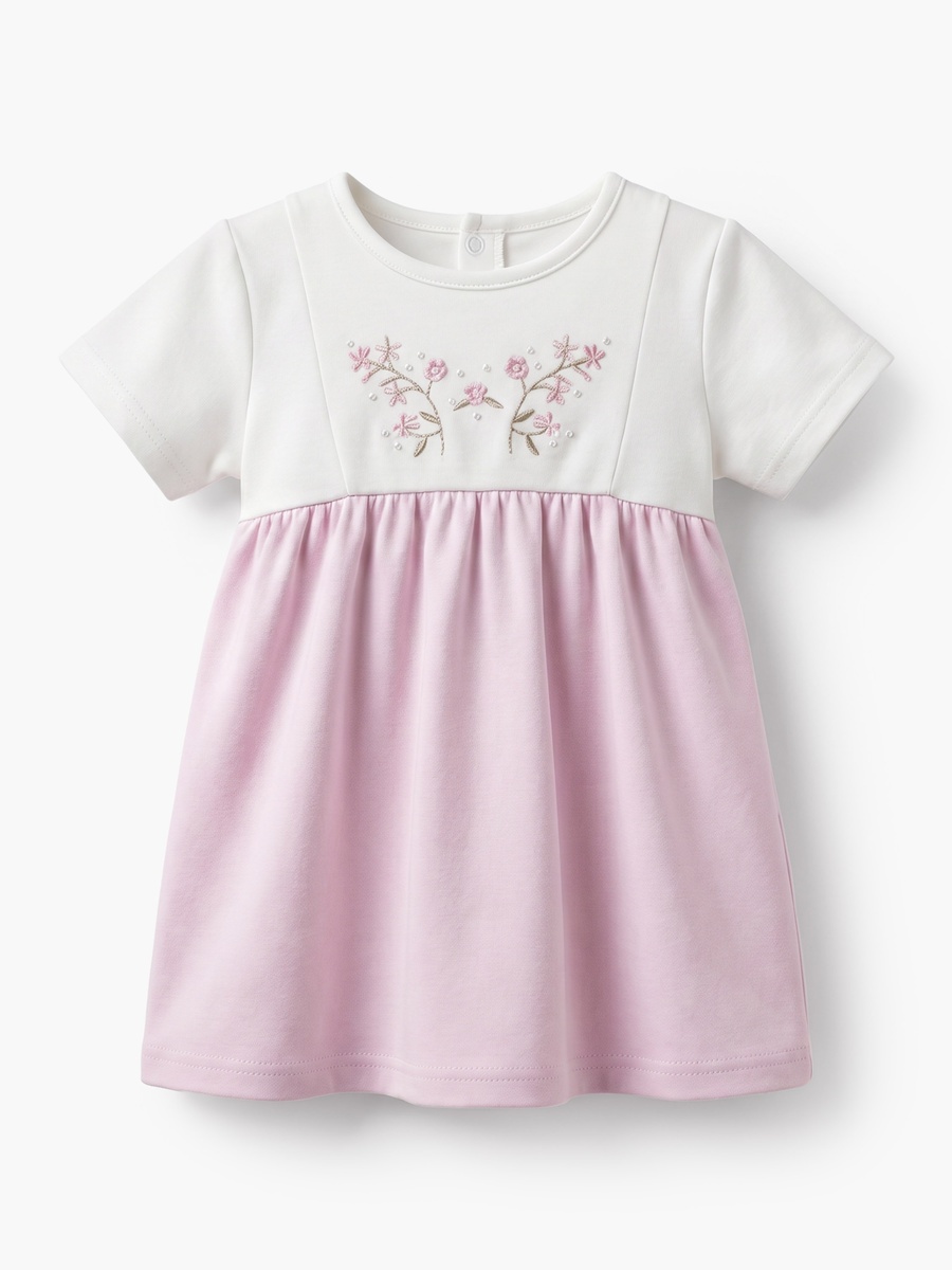 Round Neck Short Sleeves Knee Length A-Line Dress with Floral Embroidery