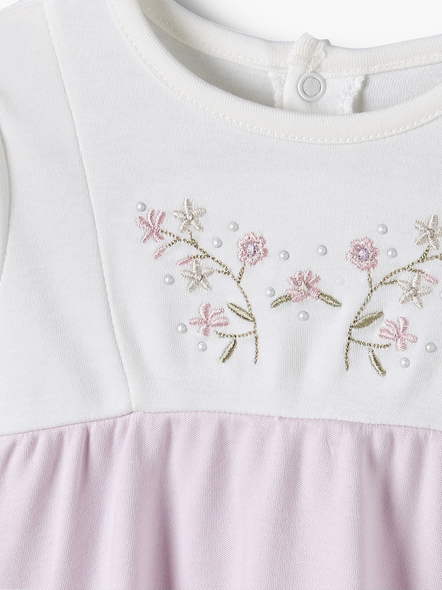 Round Neck Short Sleeves Knee Length A-Line Dress with Floral Embroidery
