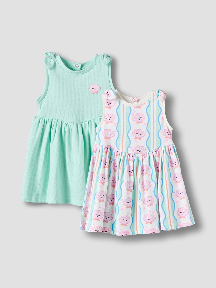 Pack of 2 Round Neck Sleeveless Knee Length A-Line Dress with Shell Print