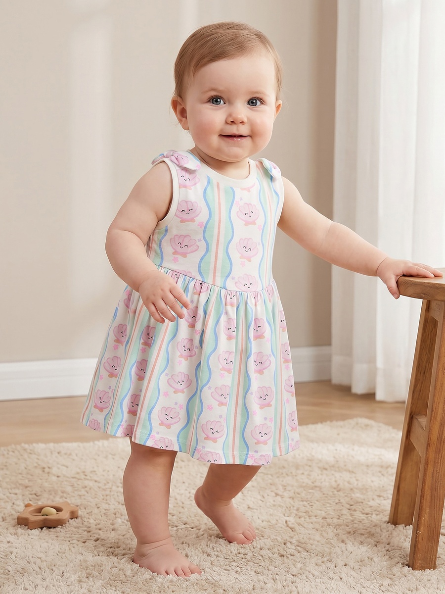 Pack of 2 Round Neck Sleeveless Knee Length A-Line Dress with Shell Print