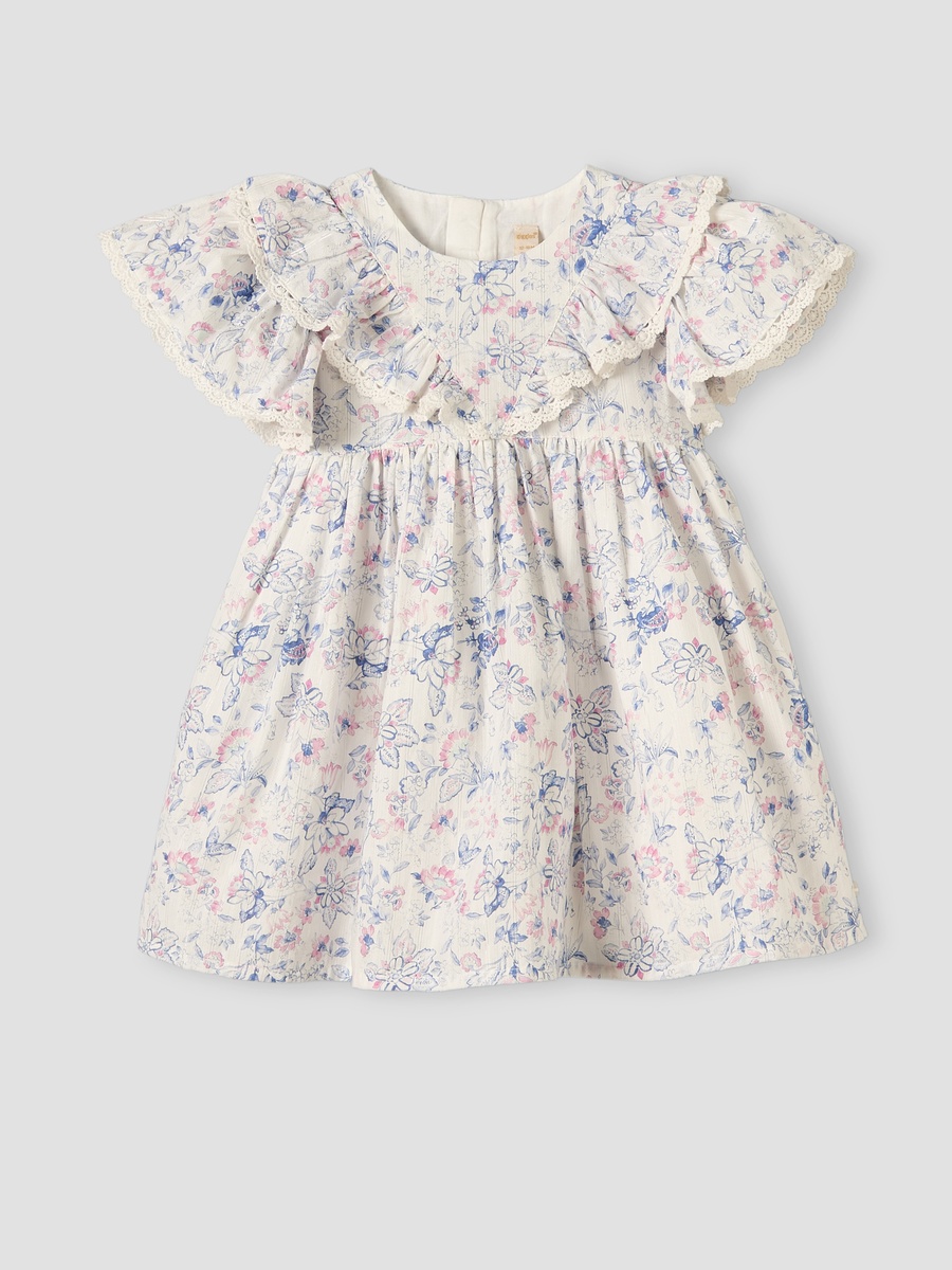 Round Neck Short Sleeves Knee-Length Dress with Floral Print