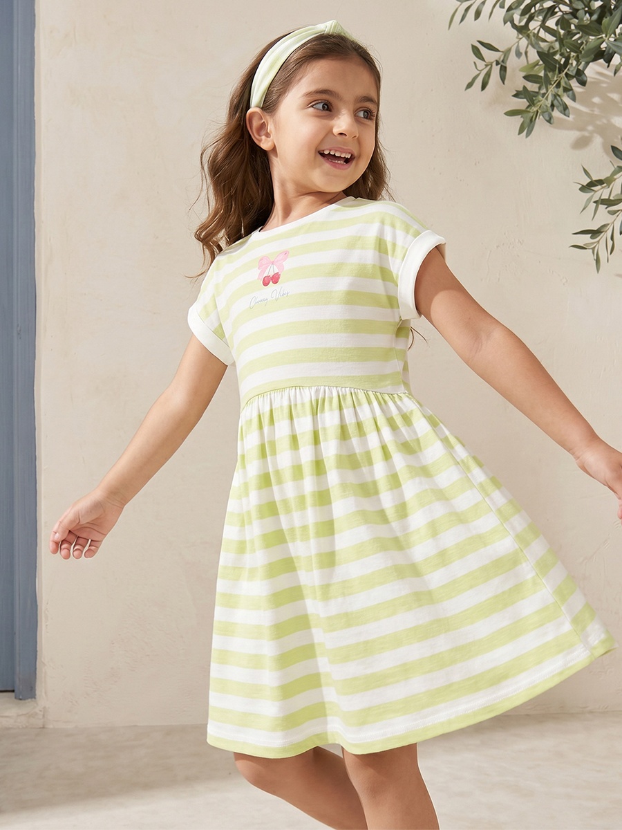 Crew Neck Short Sleeves Knee Length A-Line Dress with Stripes